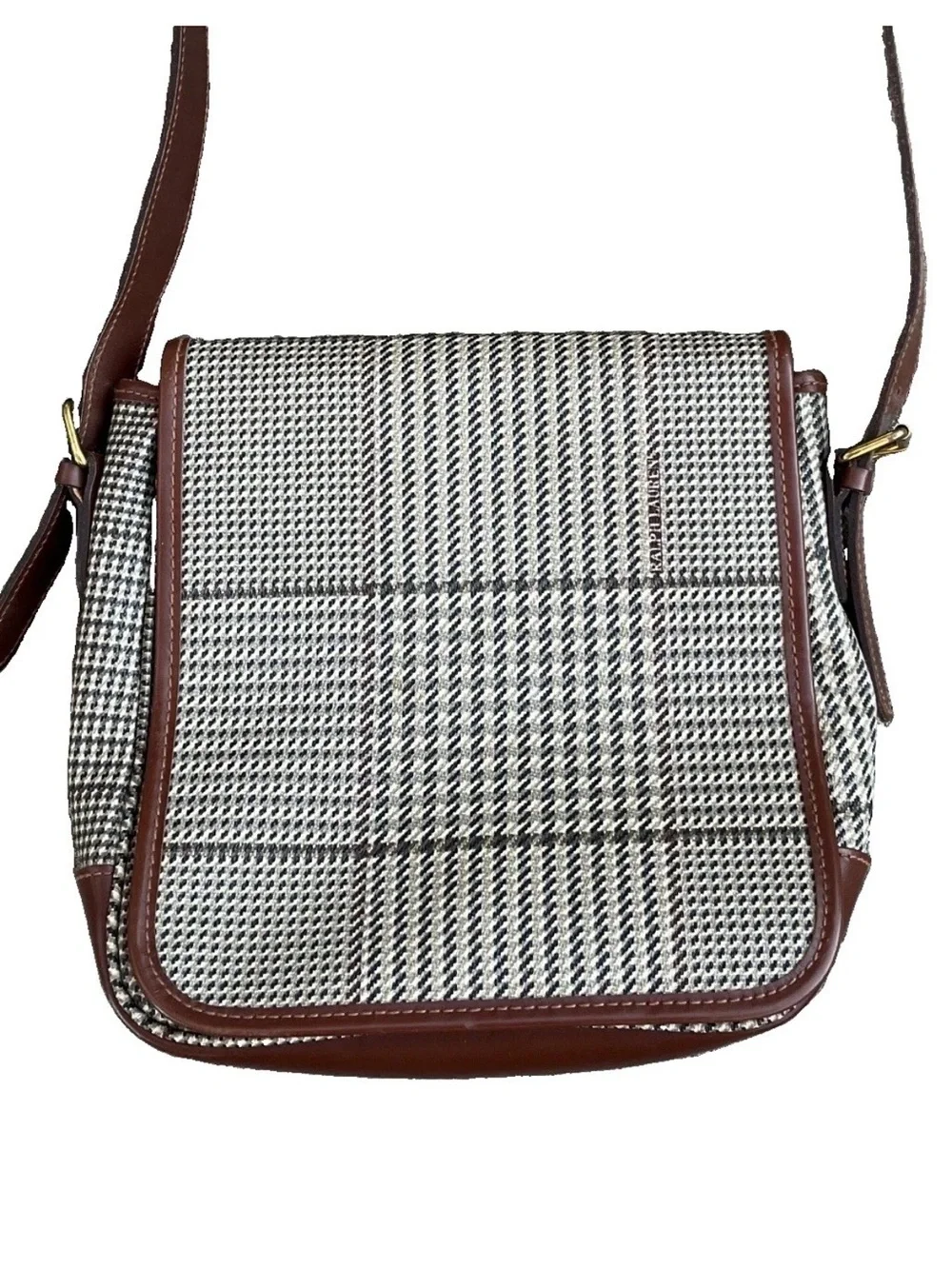 VTG 90s Ralph Lauren Houndstooth Tweed Leather Crossbody Bag Fall Dark Academia